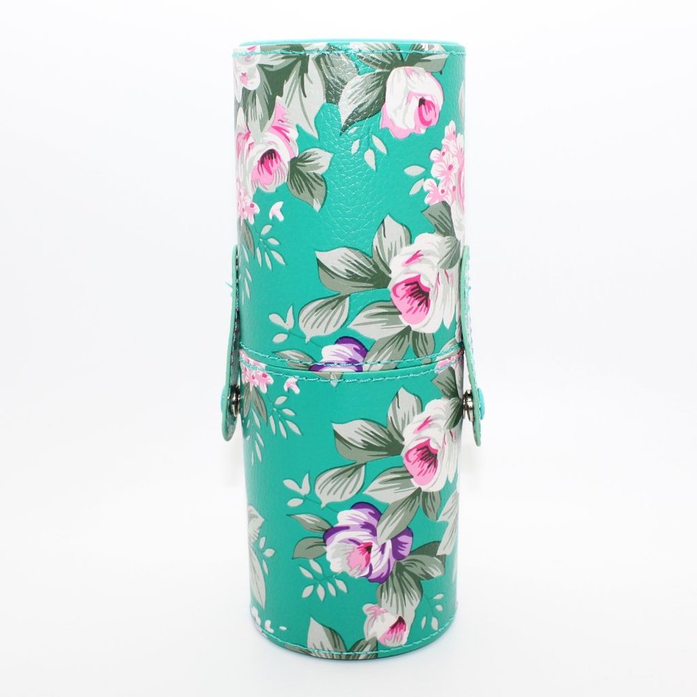 Cylinder Brush Holder Travel Organizer Faux Leather Green Floral Case